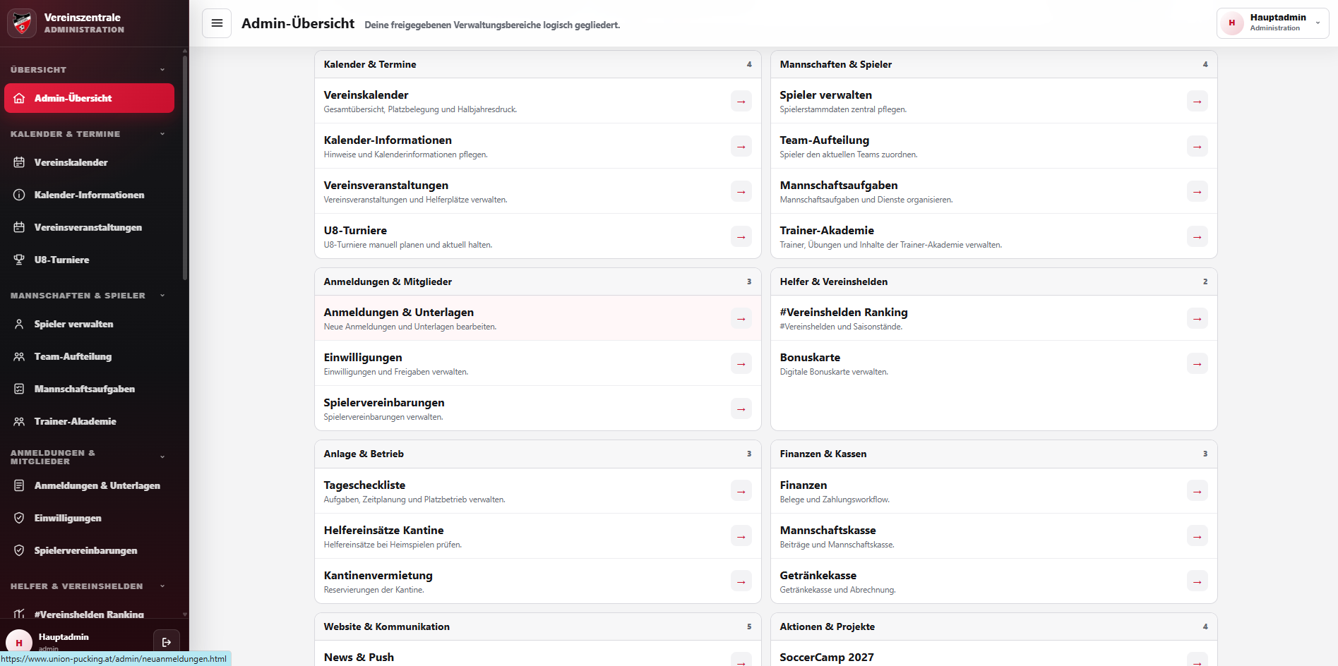Aktuelle Admin-Übersicht der Vereinszentrale der Union Pucking