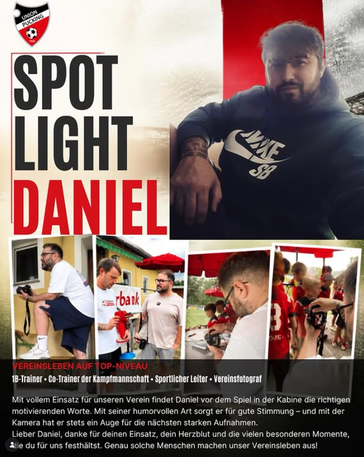 Vereins-Spotlight für Daniel mit Porträt und Fotos seiner Arbeit als Trainer und Fotograf