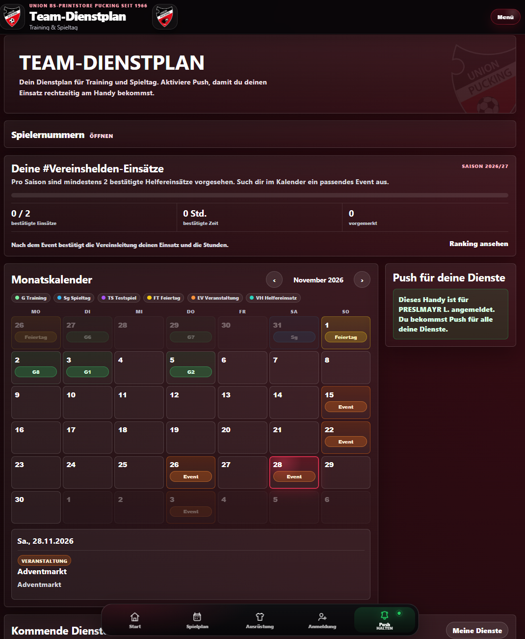 Team-Dienstplan für Spieler mit Kalender und Push-Erinnerungen