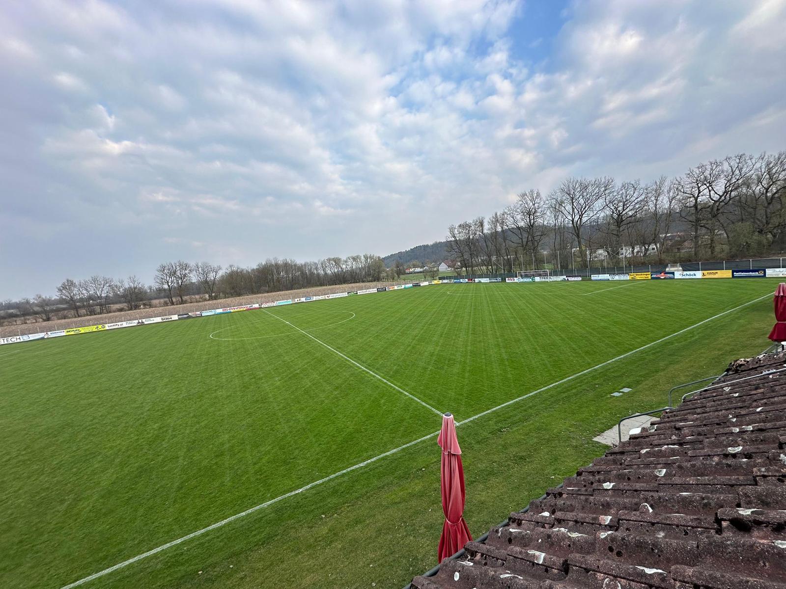 Gepflegter Fußballplatz mit klaren weißen Spielfeldlinien