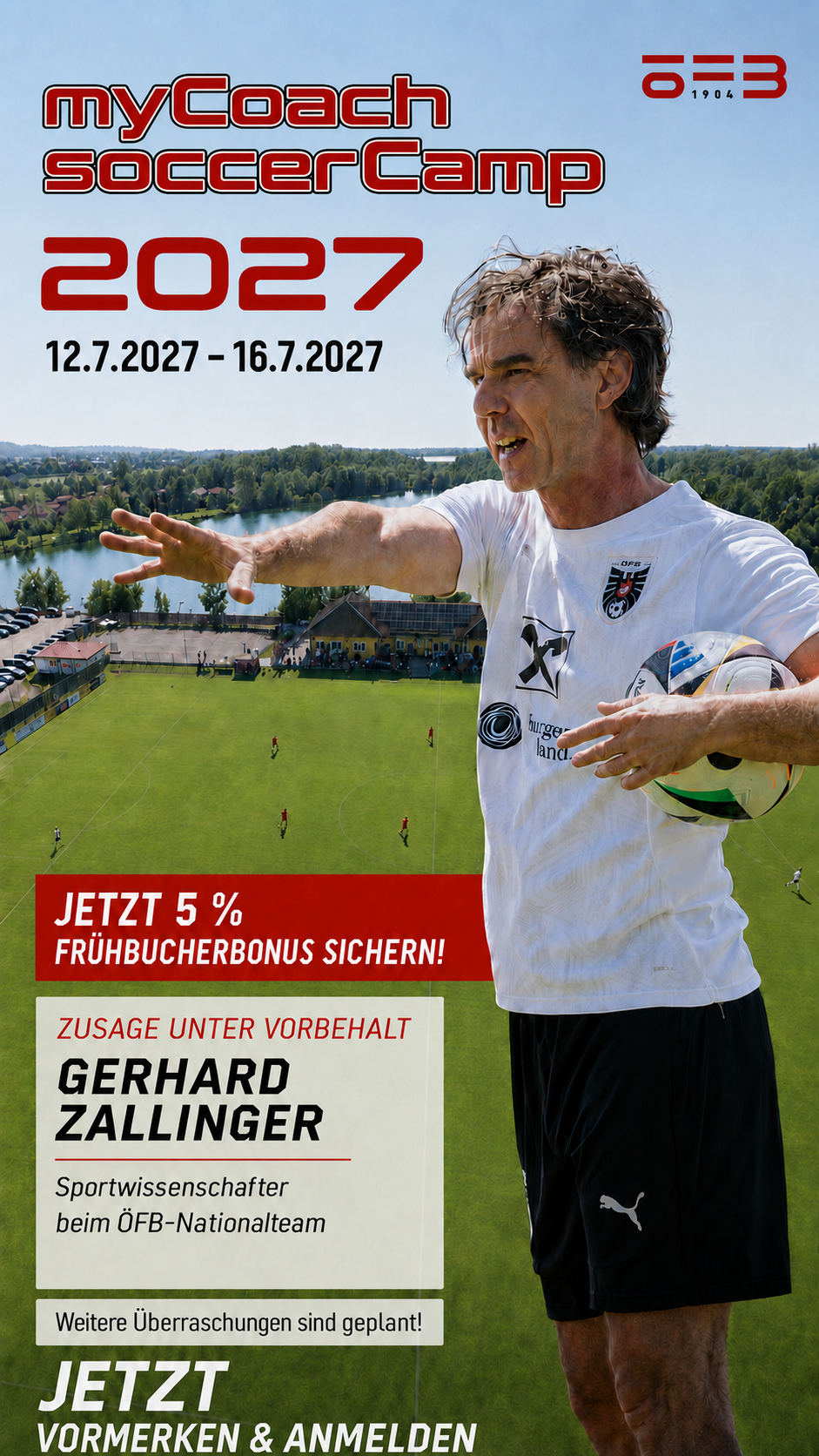 Ankündigungsplakat für das myCoach SoccerCamp 2027 – voraussichtlich mit dem in Pucking lebenden Gerhard Zallinger