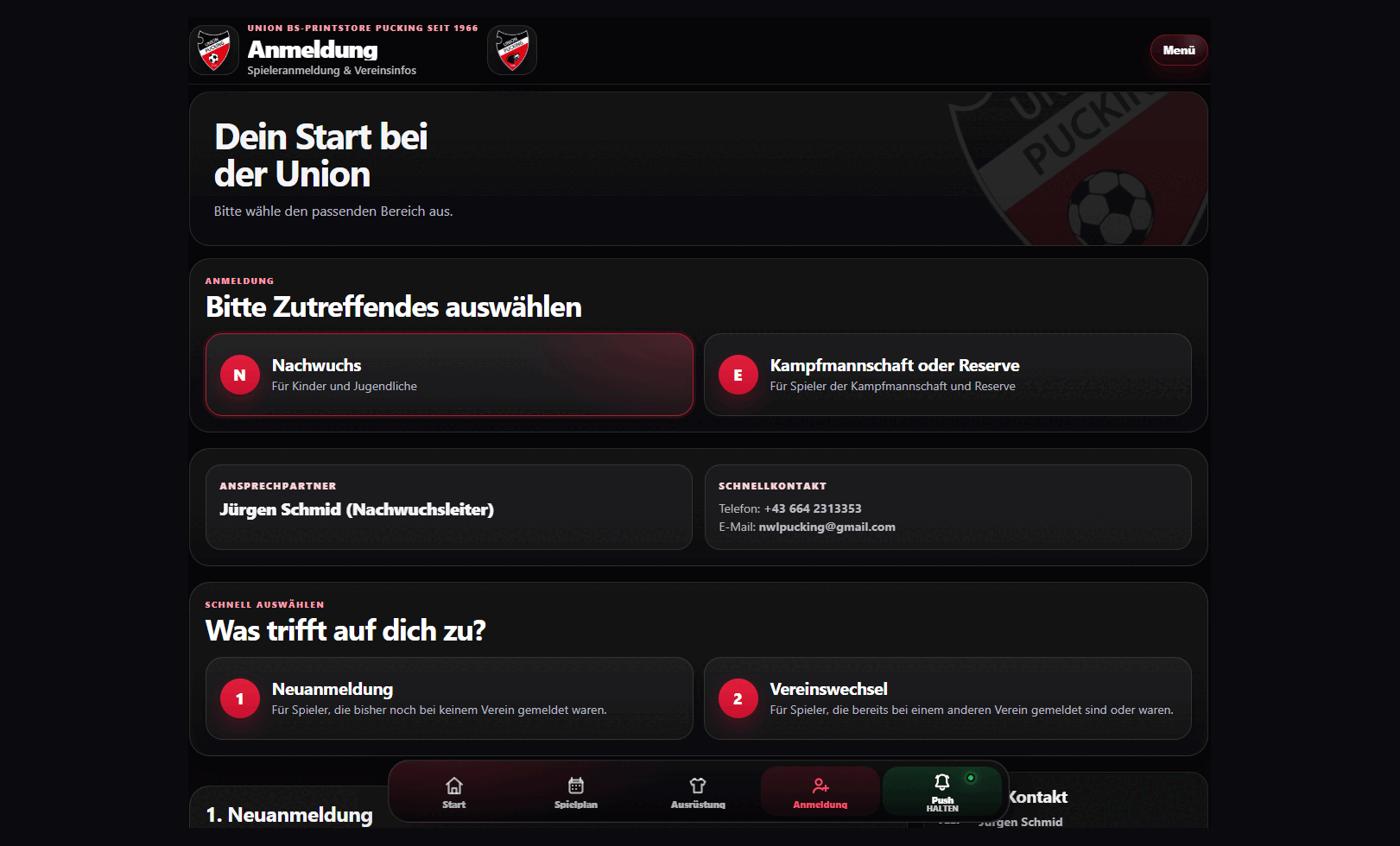 Animierte Übersicht der digitalen Online-Anmeldung und Verwaltung der Union Pucking