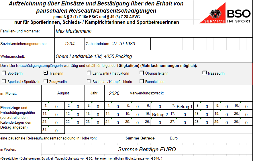 Automatisch ausgefülltes offizielles PRAE-Formular