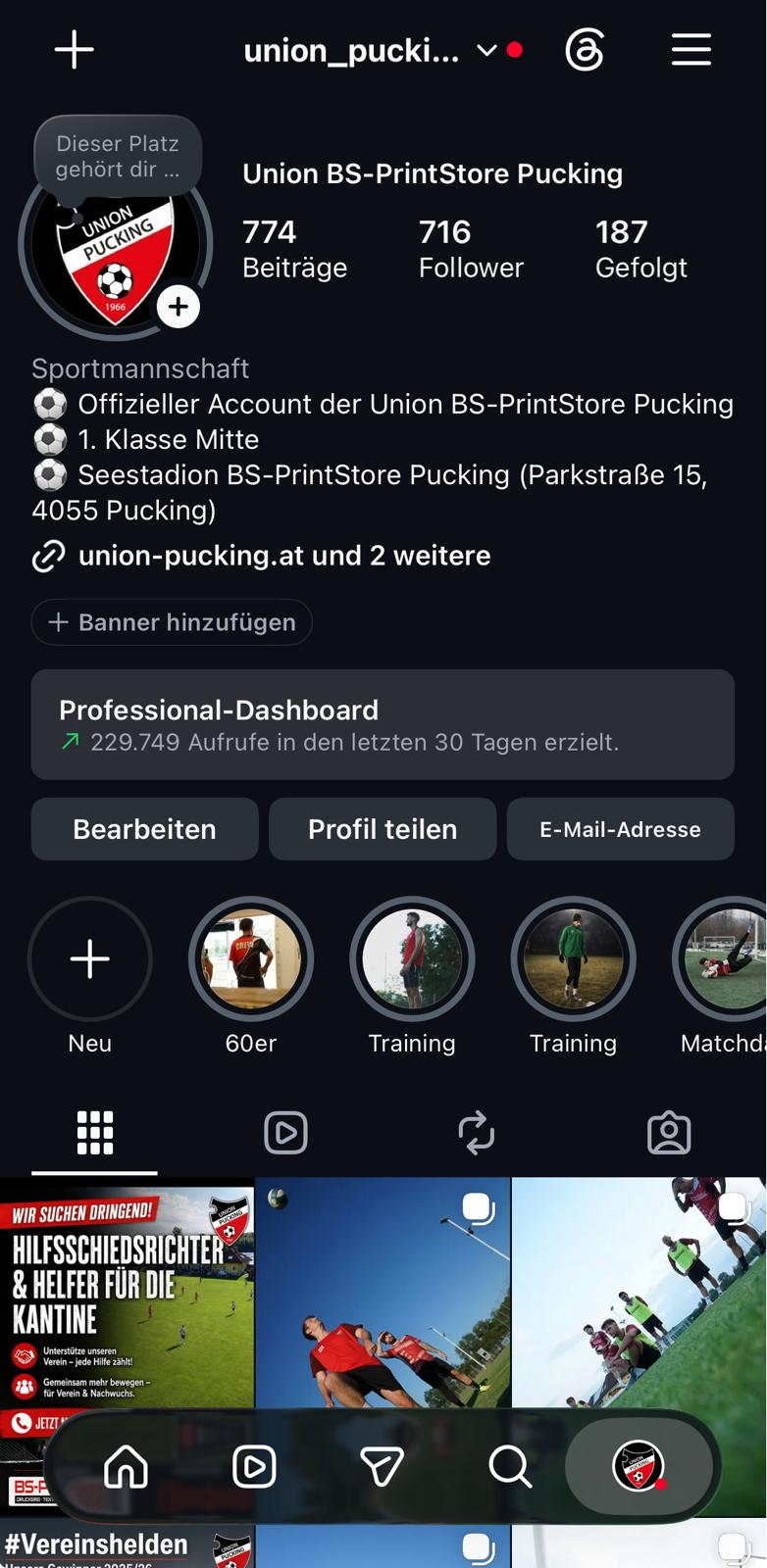Screenshot des Instagram-Profils der Union BS-PrintStore Pucking als Beleg für die stark gewachsene digitale Reichweite