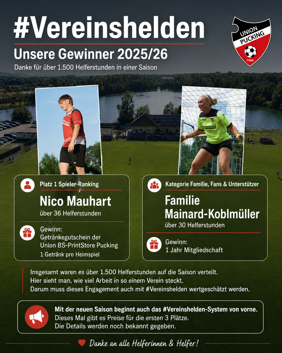 #Vereinshelden Gewinner 2025/26 mit Nico Mauhart und Familie Mainard-Koblmüller sowie dem Hinweis auf über 1.500 Helferstunden