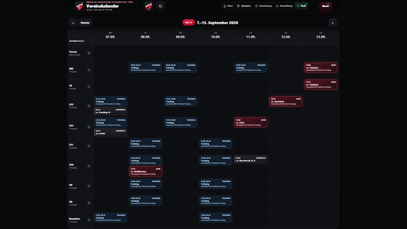 Vereinskalender der Union Pucking mit Trainings, Spielen und Vereinsterminen