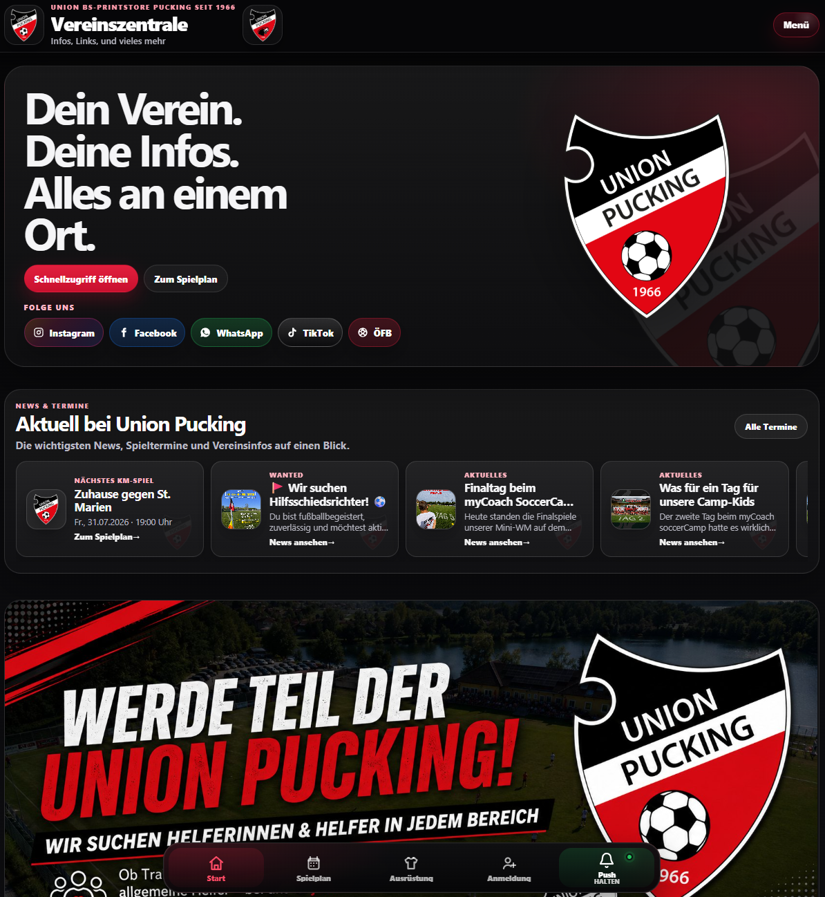 Vereinszentrale der Union Pucking in der Desktopansicht