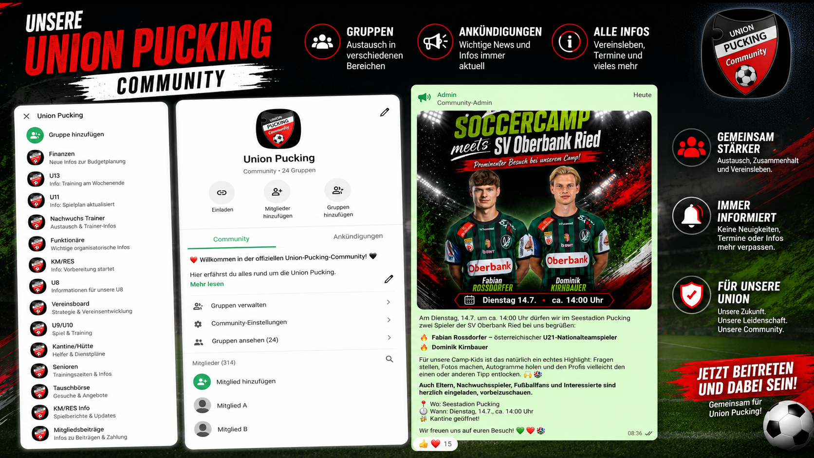 Gestalteter Beleg der WhatsApp-Community der Union Pucking mit 24 Gruppen, 314 Mitgliedern und Ankündigungsbereich